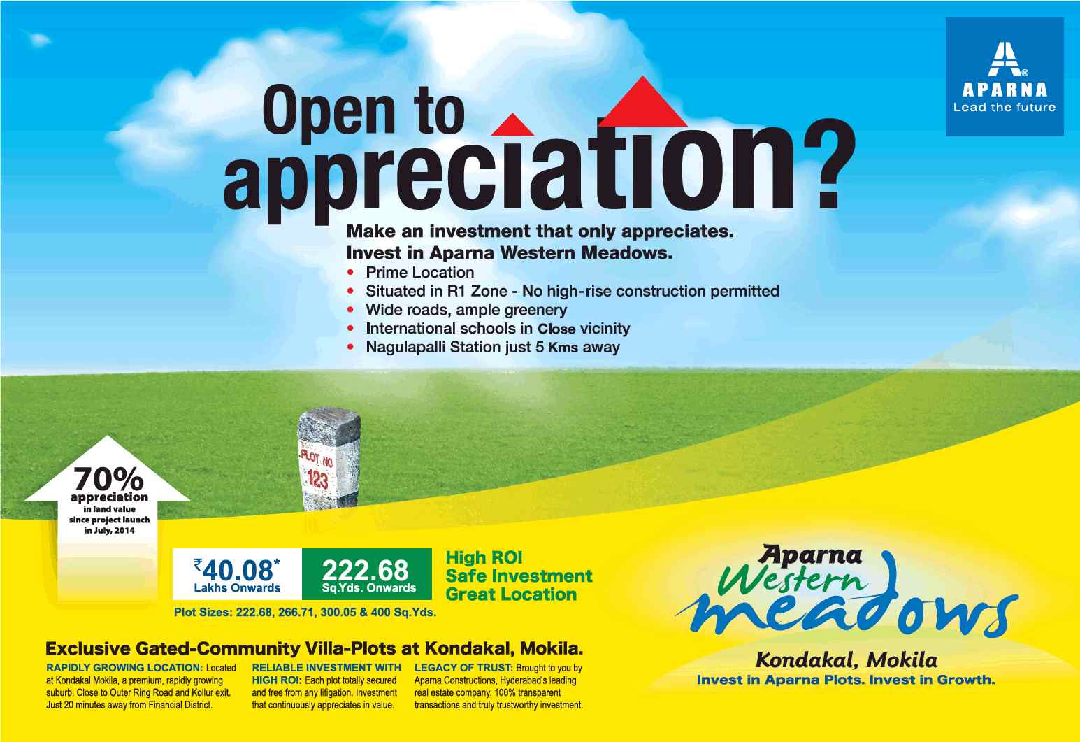 High ROI with safe investment and great location at Aparna Western Meadows in Hyderabad Update